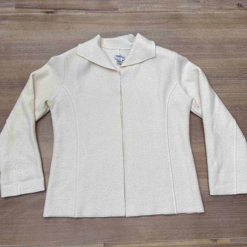 Chico’s Women Size 0 Cream Open Front Wool Cardigan Sweater Jacket Minimalist